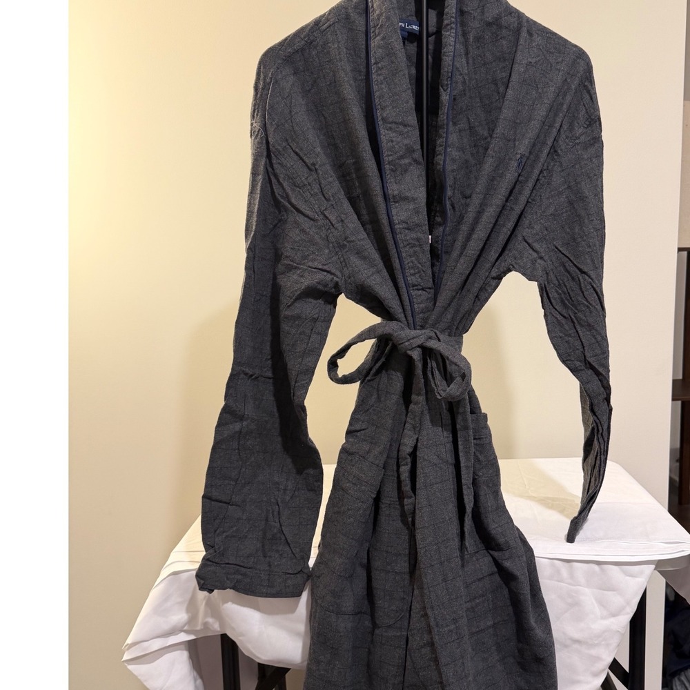 Polo Ralph Lauren Mens Robe Grey Blue Windowpane Plaid Cotton Shawl Collar S/M